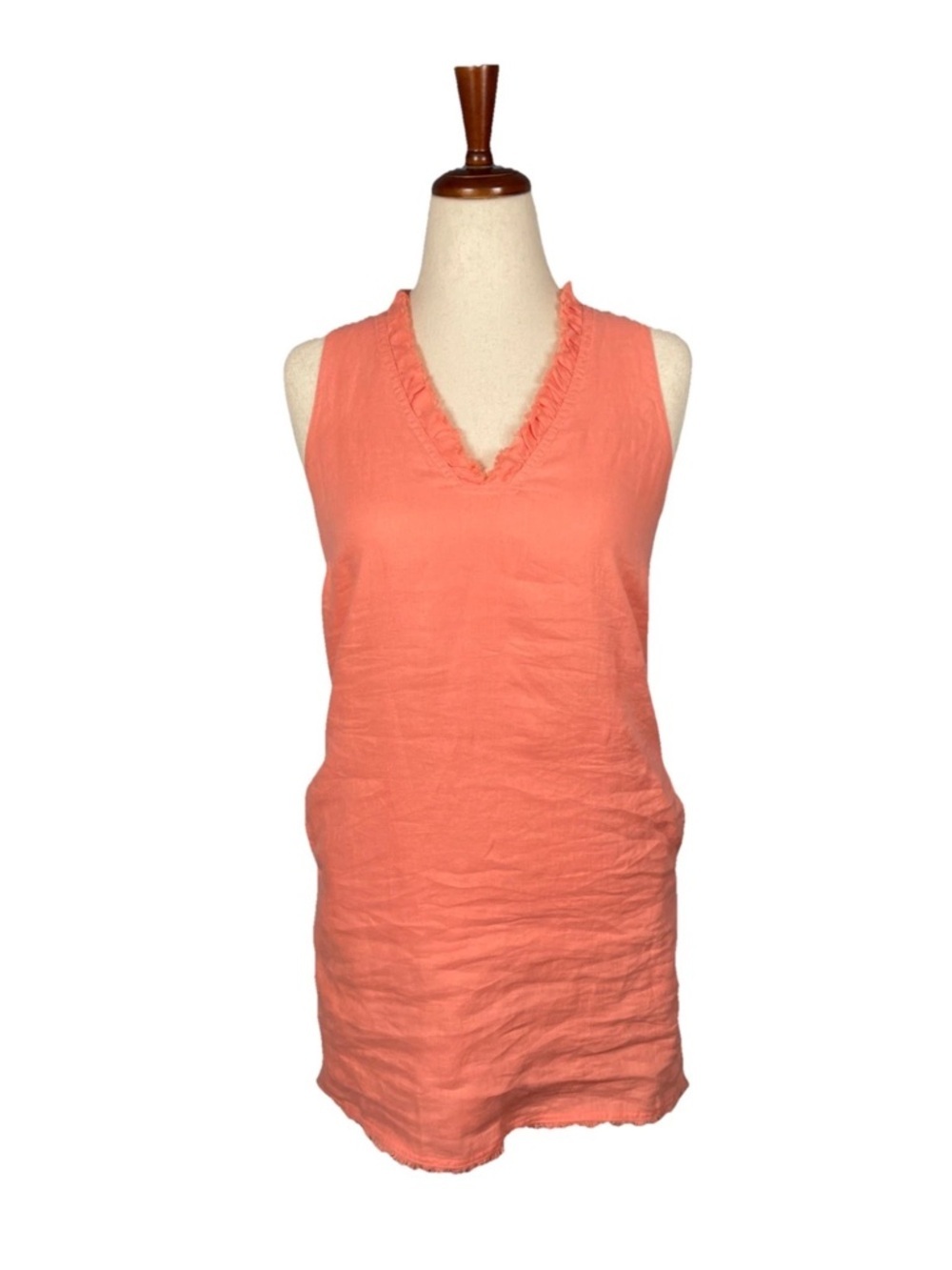 Tommy Bahama Linen Shift Dress Size XS Fringe Sleeveless Coral Lined Pockets
